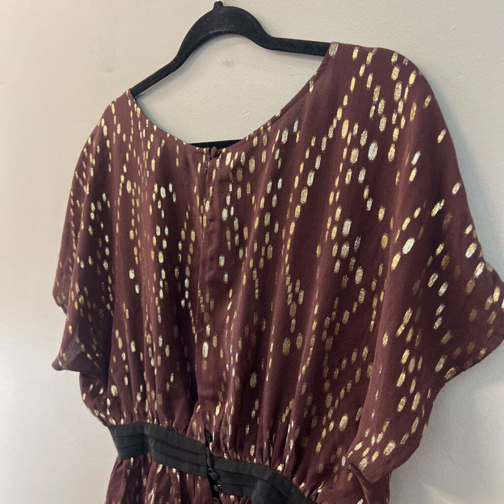 The Addison Story Burgundy/ Metallic Gold Dot Short Sleeve Top Medium