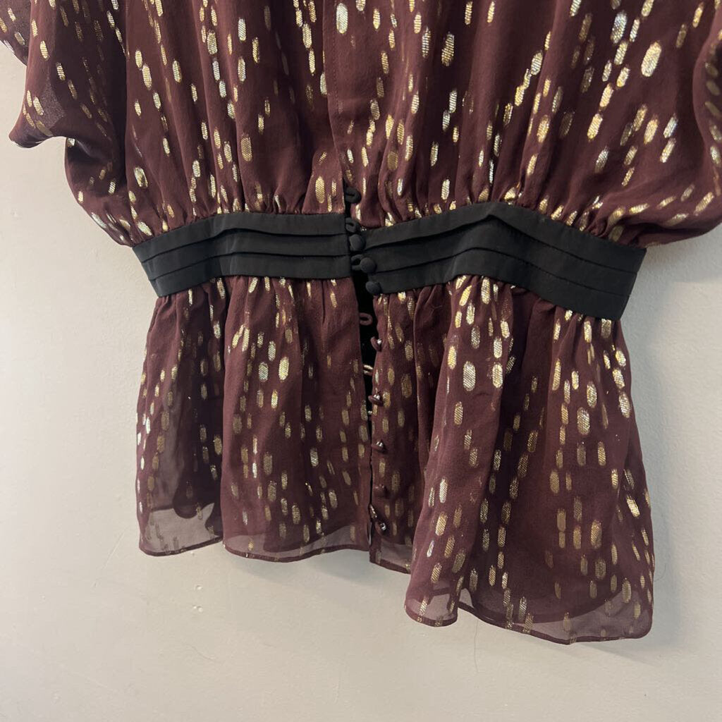 The Addison Story Burgundy/ Metallic Gold Dot Short Sleeve Top Medium