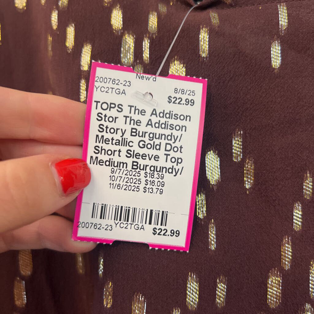 The Addison Story Burgundy/ Metallic Gold Dot Short Sleeve Top Medium