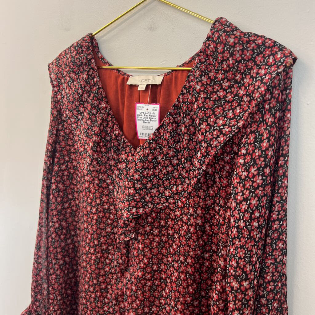 Loft Black/ Red Flower Print Long Sleeve Top Medium