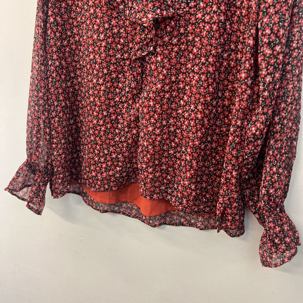 Loft Black/ Red Flower Print Long Sleeve Top Medium