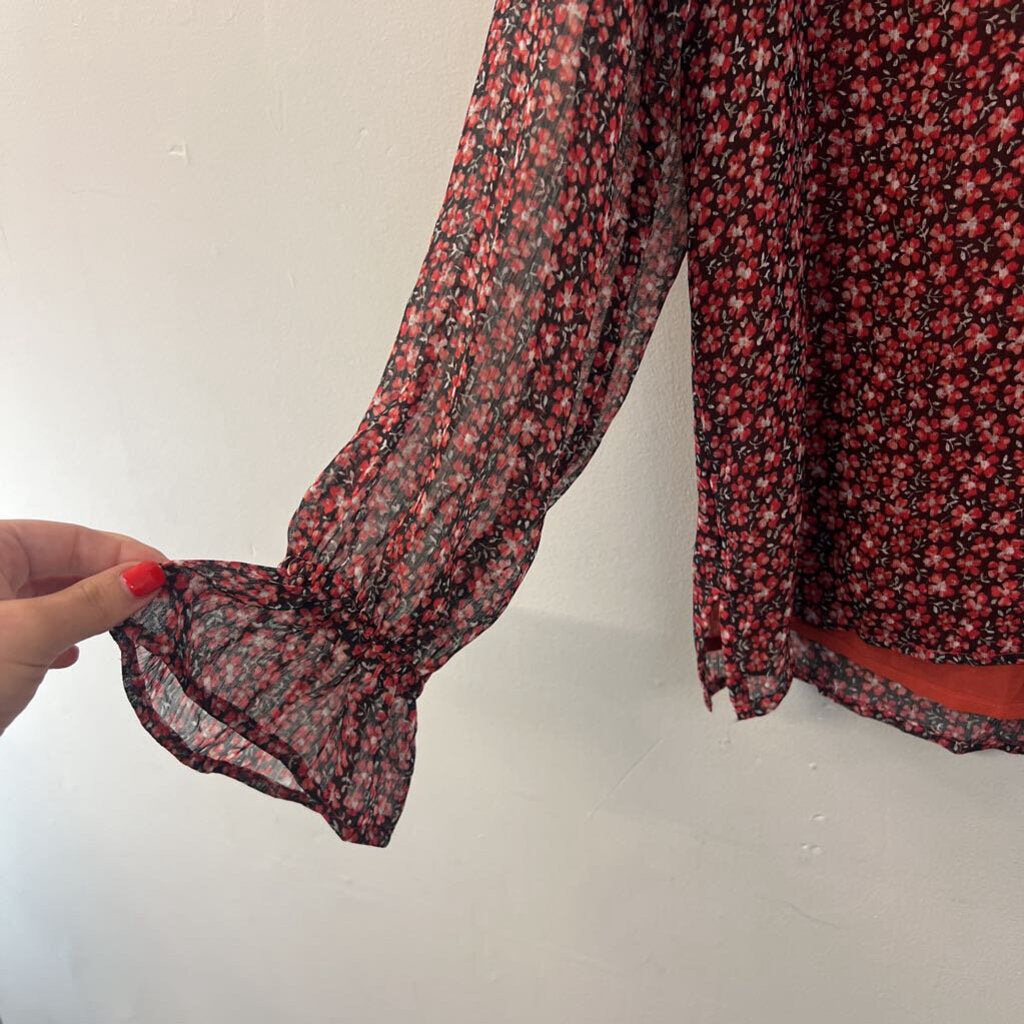 Loft Black/ Red Flower Print Long Sleeve Top Medium