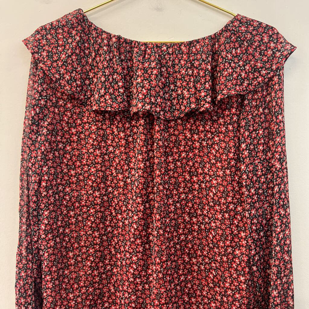 Loft Black/ Red Flower Print Long Sleeve Top Medium