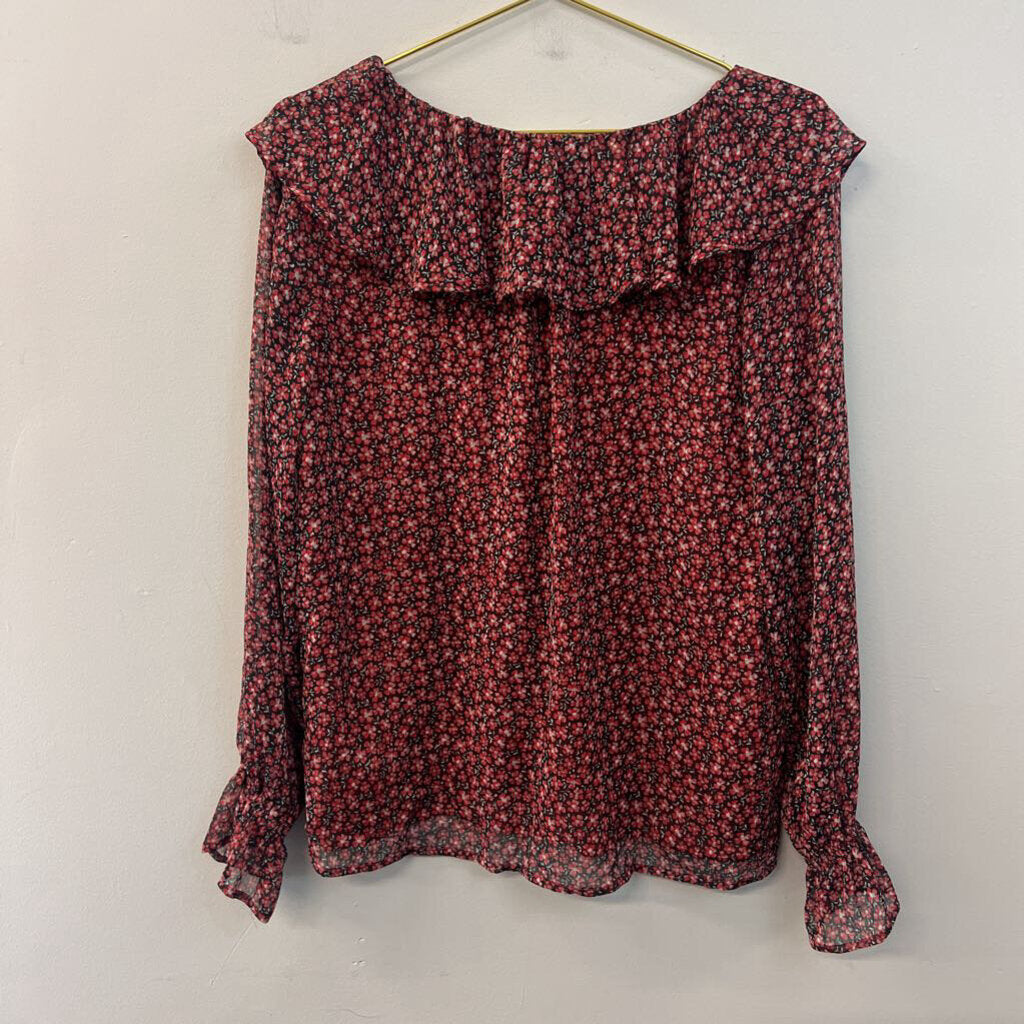 Loft Black/ Red Flower Print Long Sleeve Top Medium