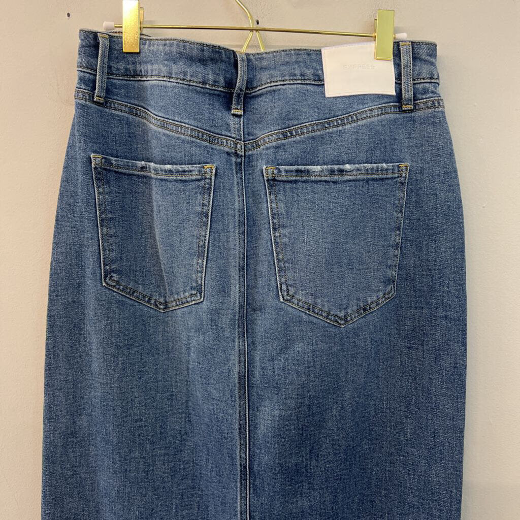 Express Medium Wash Denim Front Slit Maxi Skirt 6