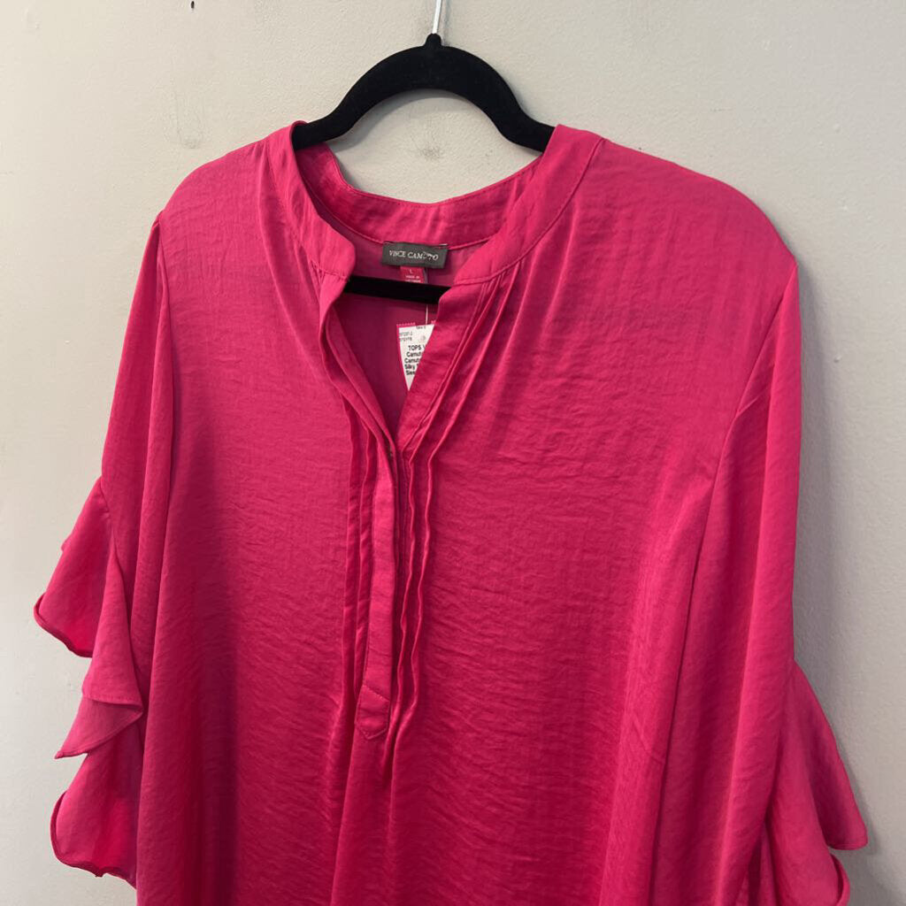 Vince Camuto Hot Pink Silky Short Ruffle Sleeve Top Large