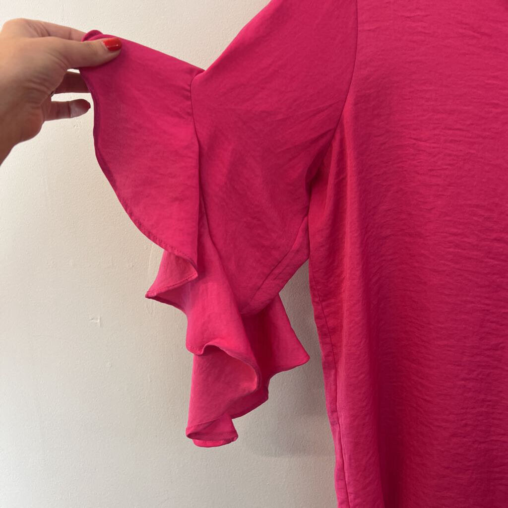 Vince Camuto Hot Pink Silky Short Ruffle Sleeve Top Large