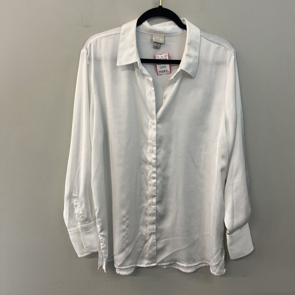 A New Day White Silky Long Sleeve Button Down Top Medium