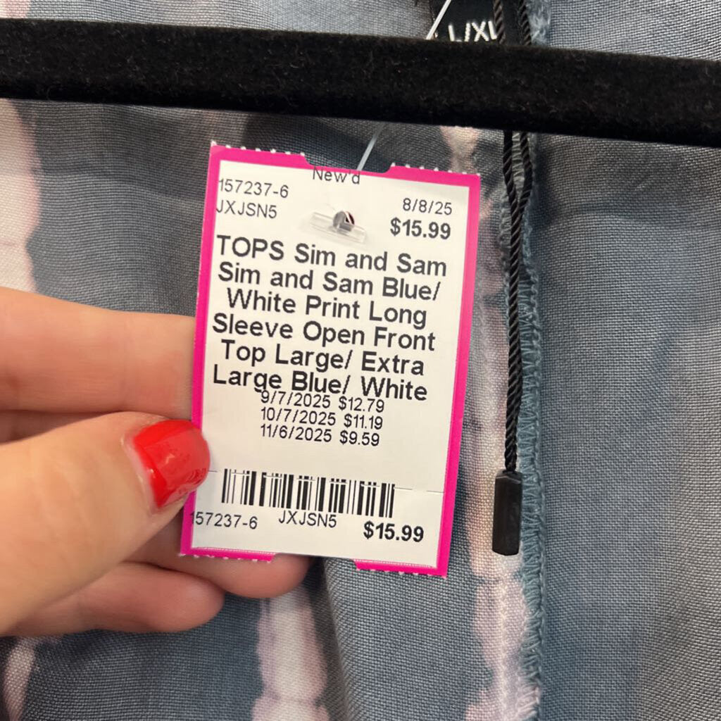Sim and Sam Blue/ White Print Long Sleeve Open Front Top Large/ Extra Large