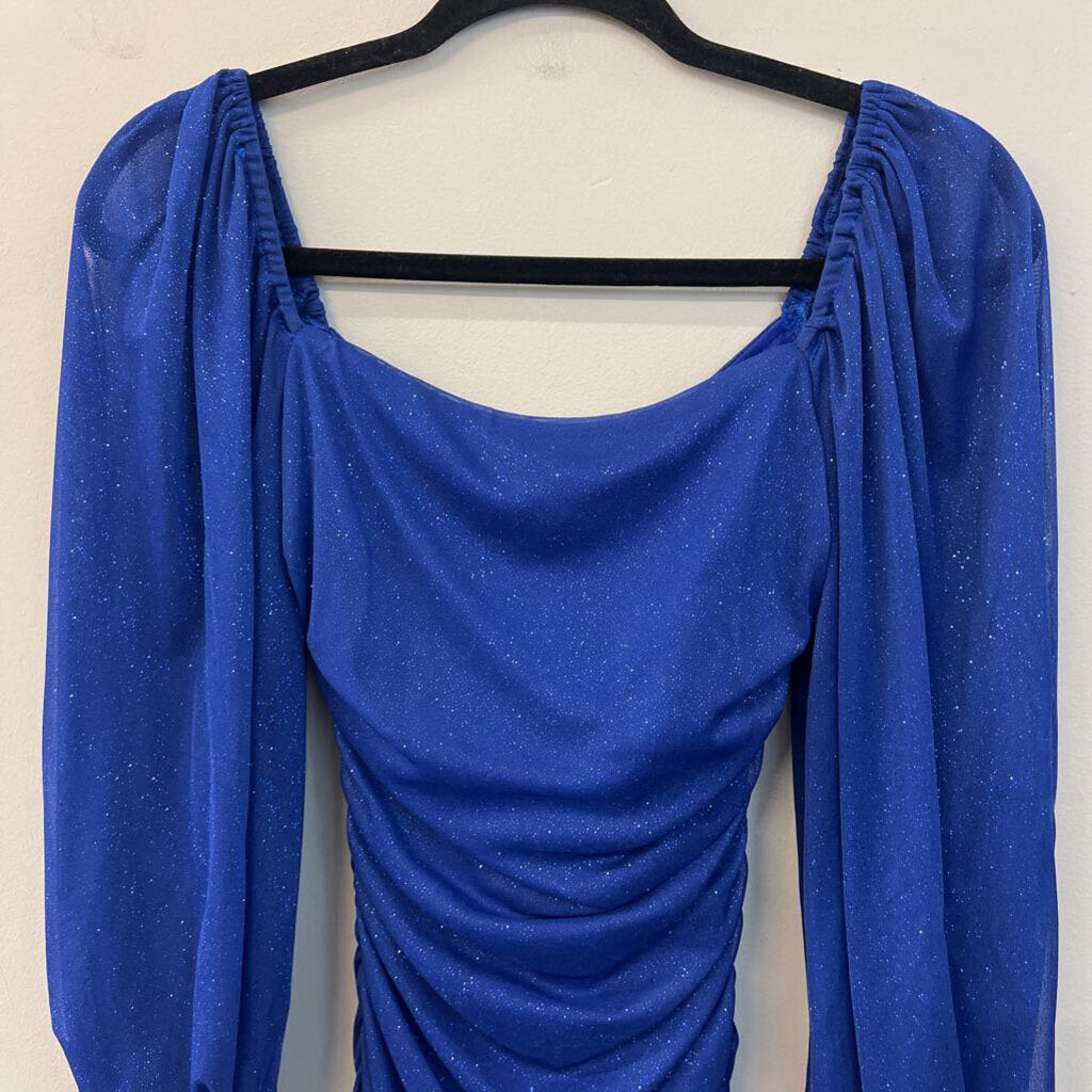 B Darlin Blue Shimmer Long Sleeve Short Formal Dress 1/2