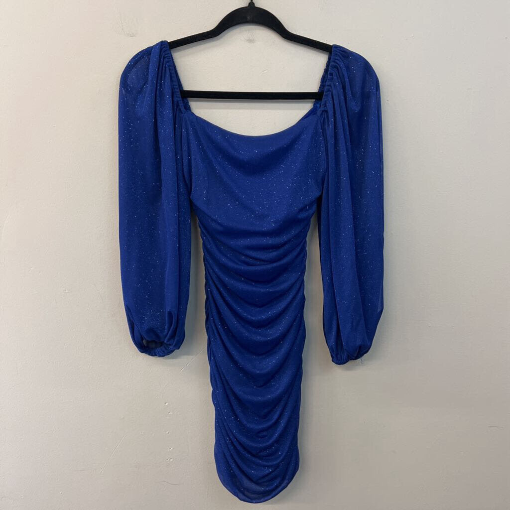 B Darlin Blue Shimmer Long Sleeve Short Formal Dress 1/2