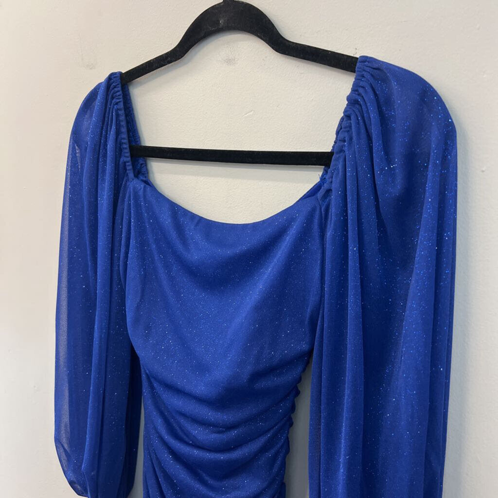 B Darlin Blue Shimmer Long Sleeve Short Formal Dress 1/2