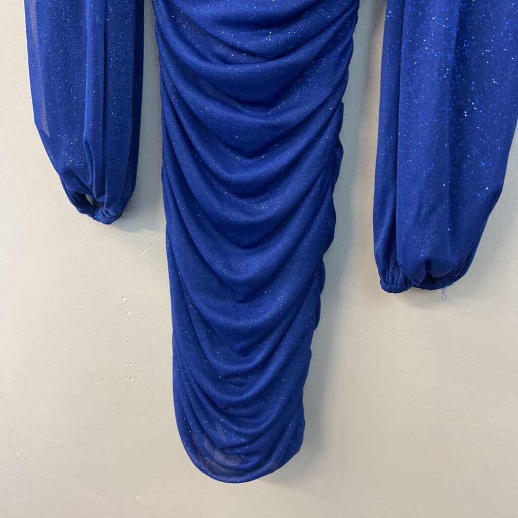 B Darlin Blue Shimmer Long Sleeve Short Formal Dress 1/2