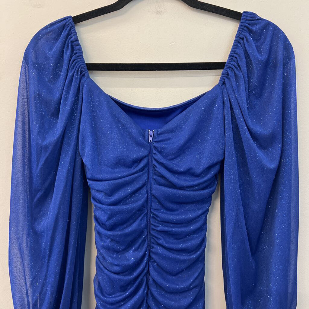 B Darlin Blue Shimmer Long Sleeve Short Formal Dress 1/2