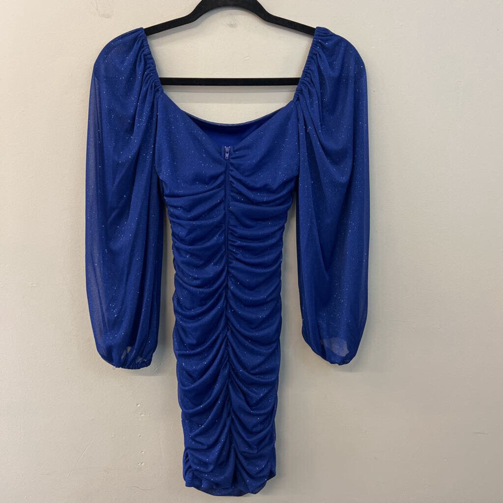 B Darlin Blue Shimmer Long Sleeve Short Formal Dress 1/2