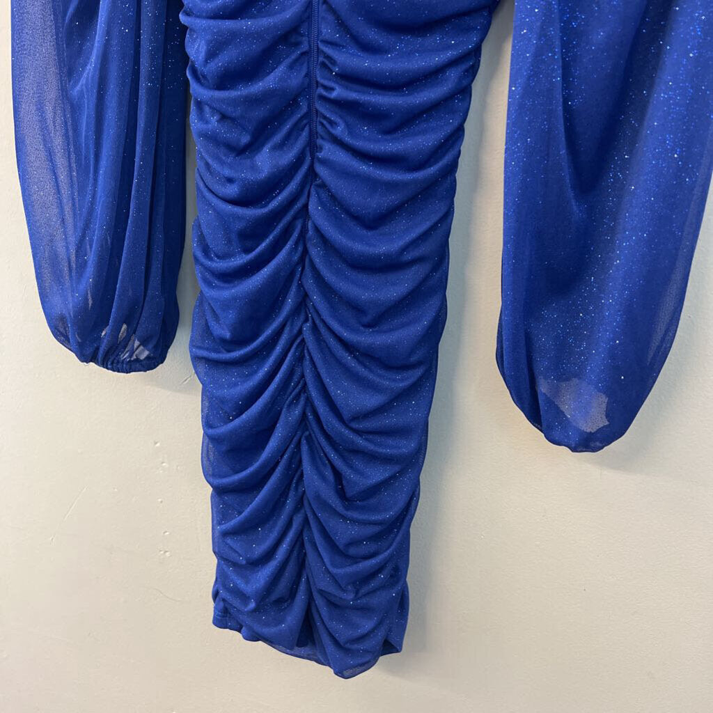 B Darlin Blue Shimmer Long Sleeve Short Formal Dress 1/2