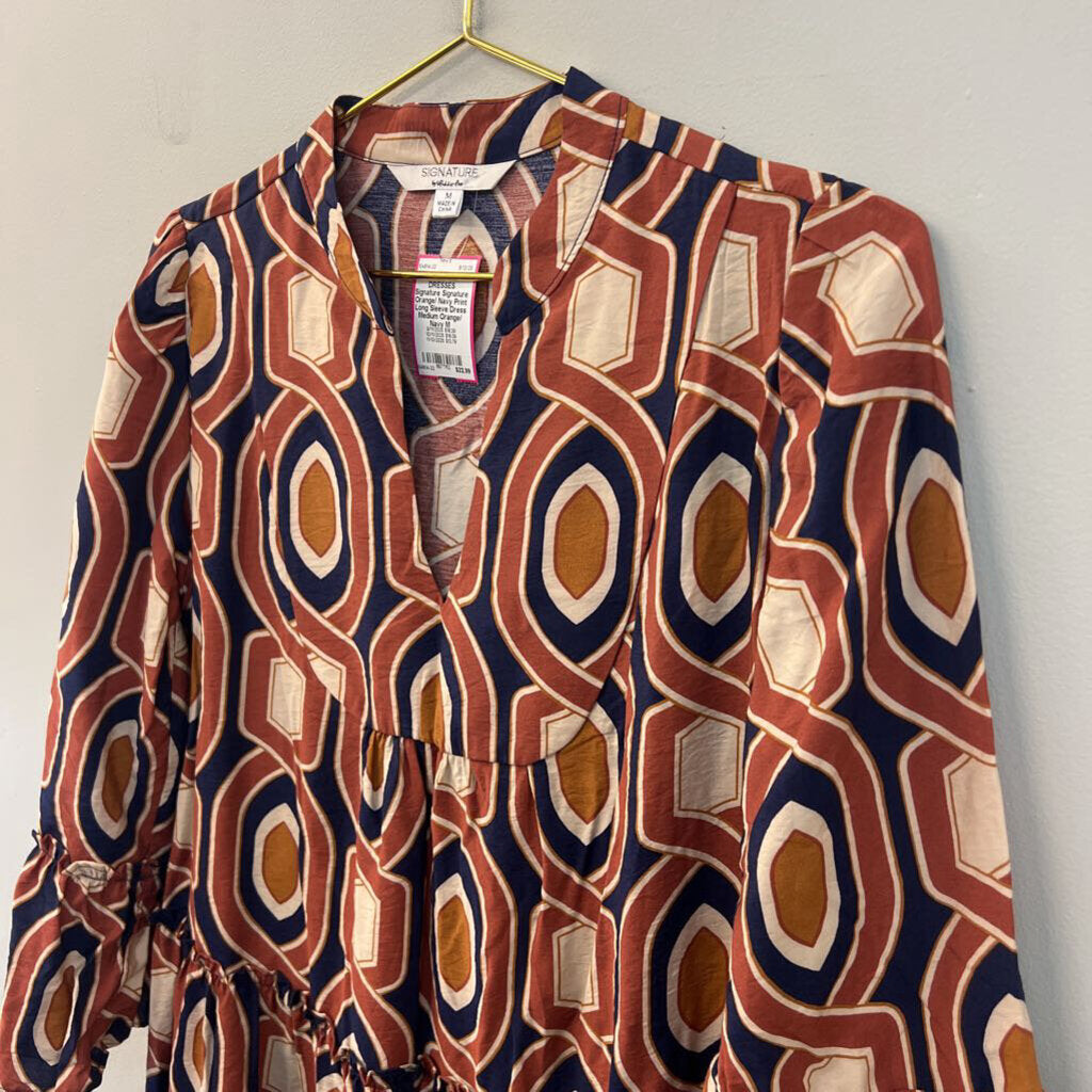 Signature Orange/ Navy Print Long Sleeve Dress Medium