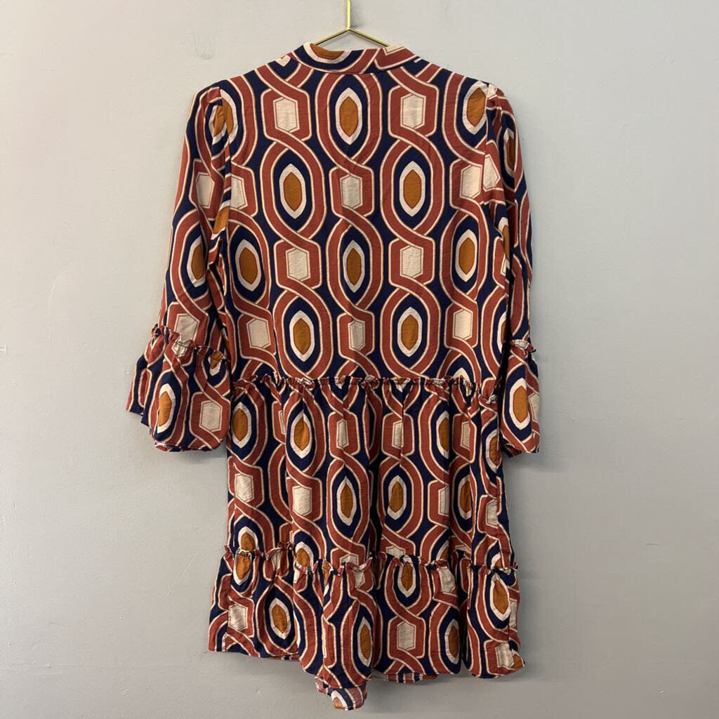 Signature Orange/ Navy Print Long Sleeve Dress Medium