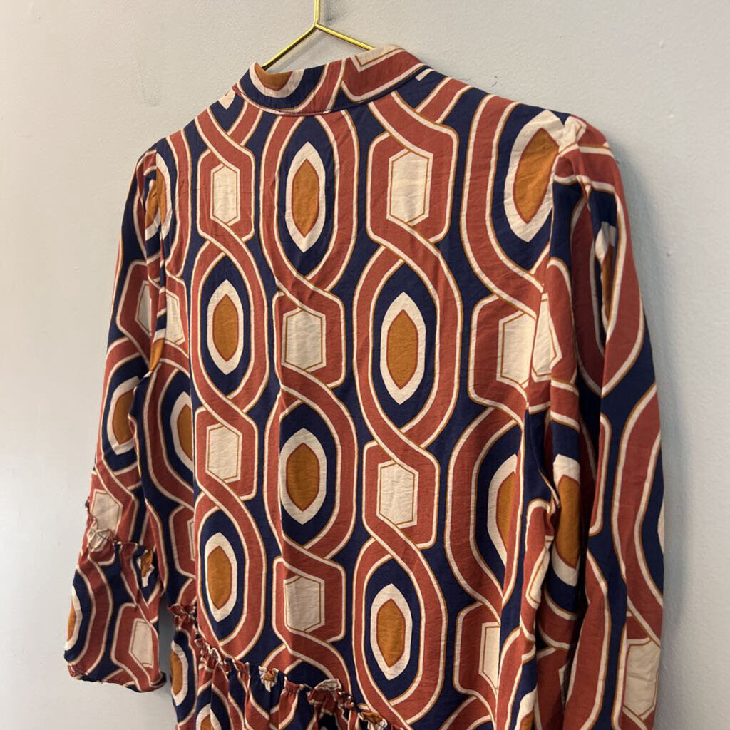 Signature Orange/ Navy Print Long Sleeve Dress Medium