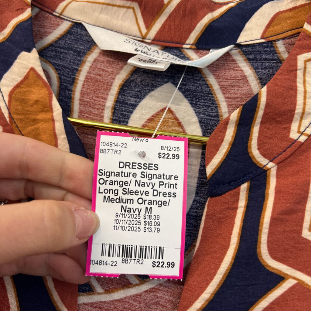 Signature Orange/ Navy Print Long Sleeve Dress Medium