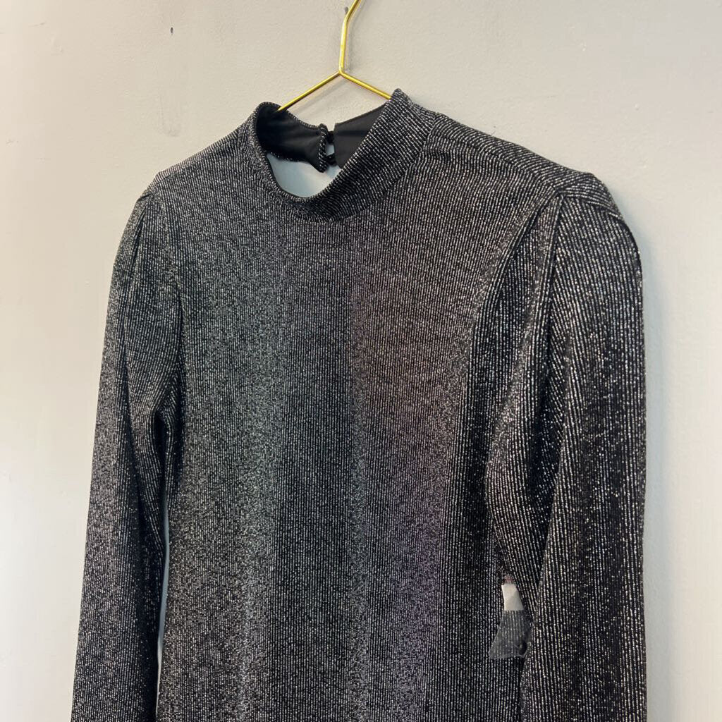Versona Black/ Silver Shimmer Long Sleeve Mock Neck Dress Medium