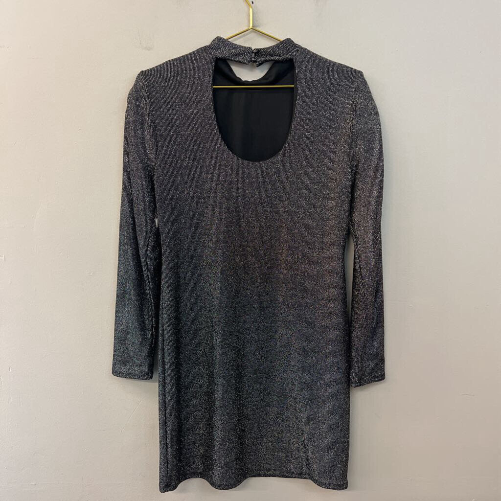 Versona Black/ Silver Shimmer Long Sleeve Mock Neck Dress Medium