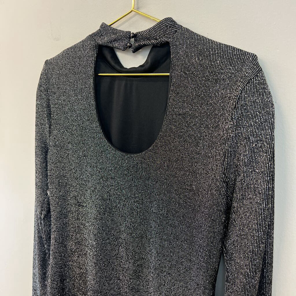 Versona Black/ Silver Shimmer Long Sleeve Mock Neck Dress Medium
