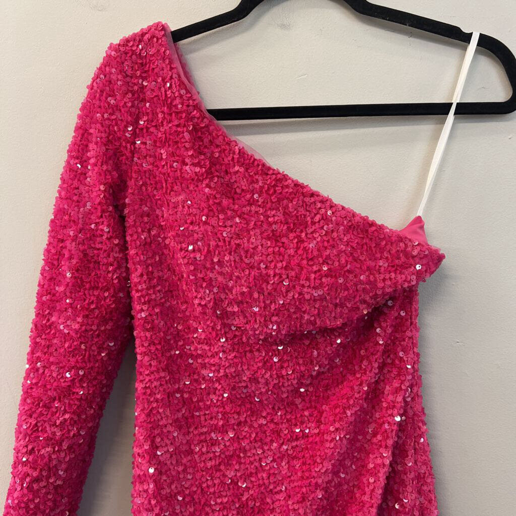 Berlinnova Pink Sequin One Shoulder Long Sleeve Short Formal Dress 4