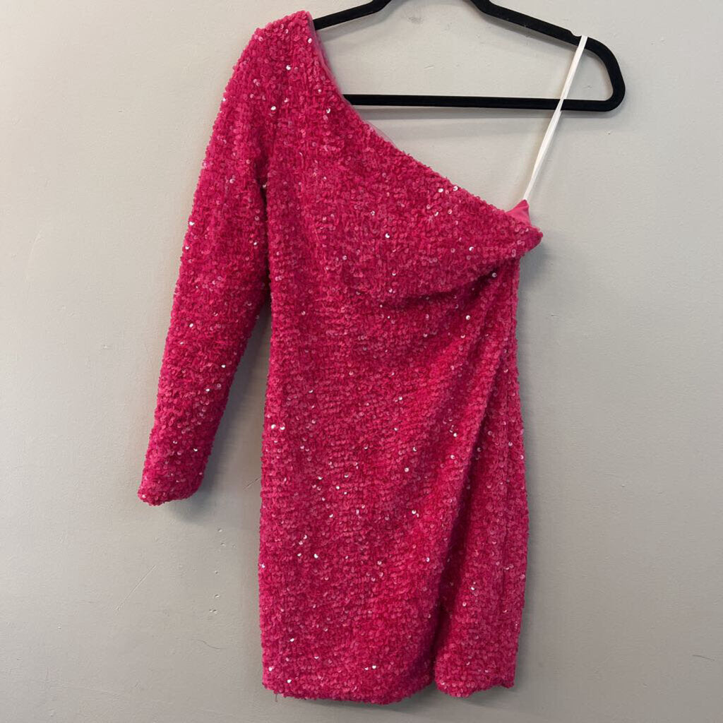 Berlinnova Pink Sequin One Shoulder Long Sleeve Short Formal Dress 4
