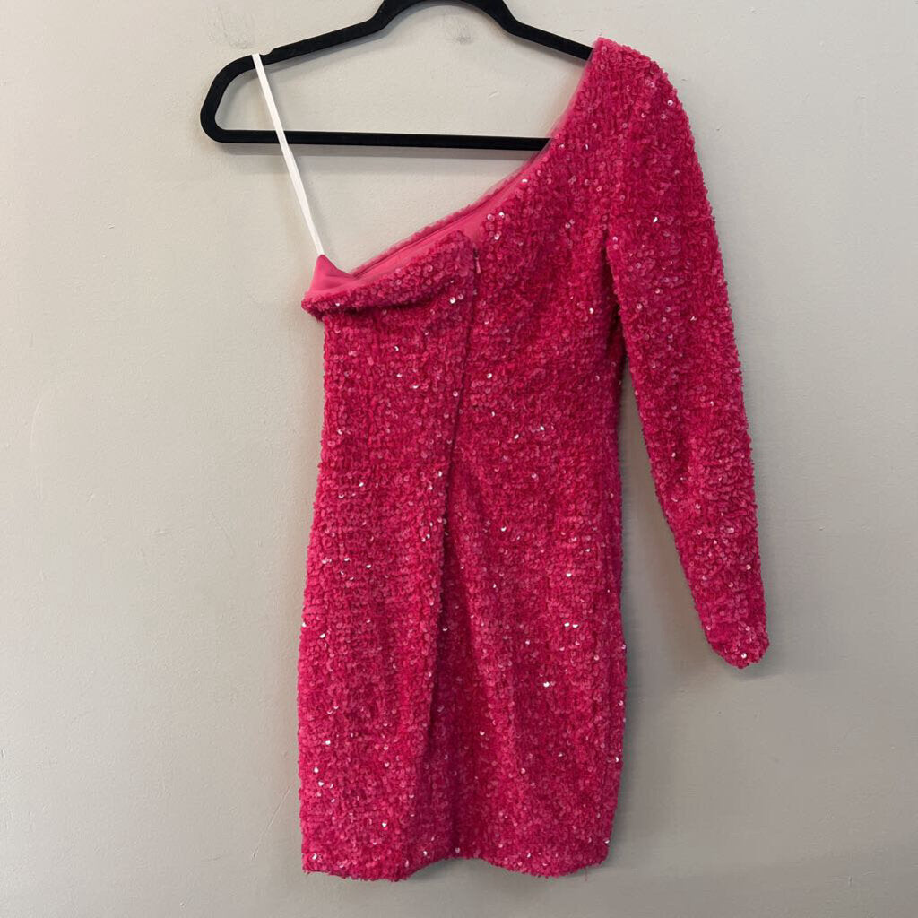 Berlinnova Pink Sequin One Shoulder Long Sleeve Short Formal Dress 4