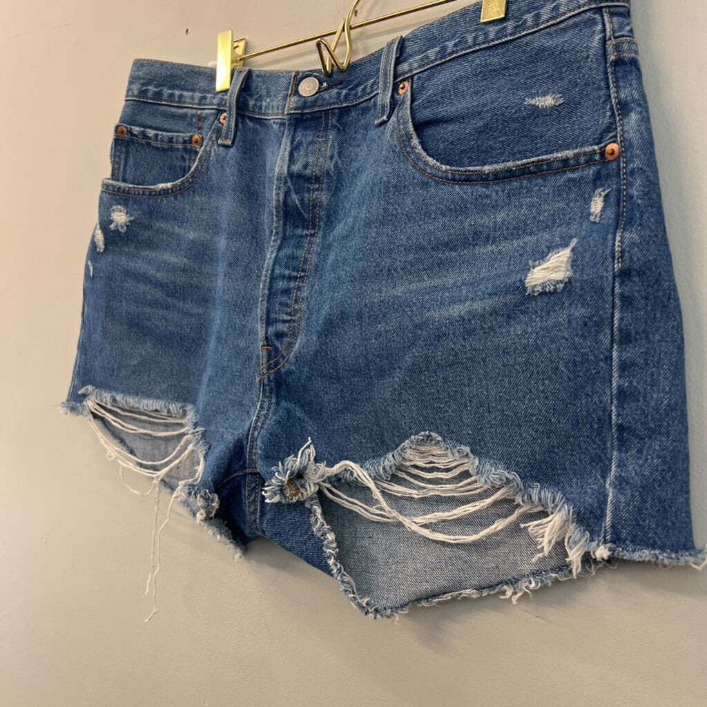 Levi Medium Wash Raw Hem 501 Shorts 34
