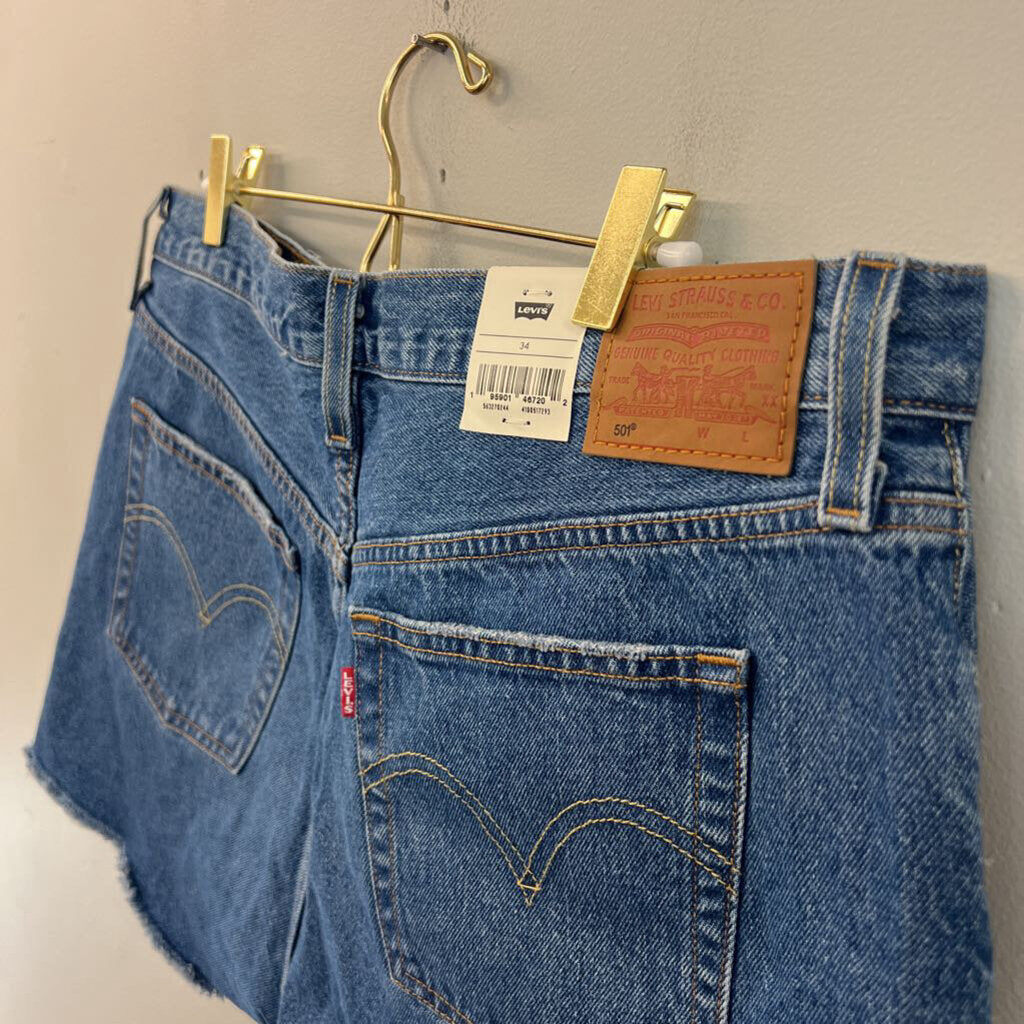 Levi Medium Wash Raw Hem 501 Shorts 34