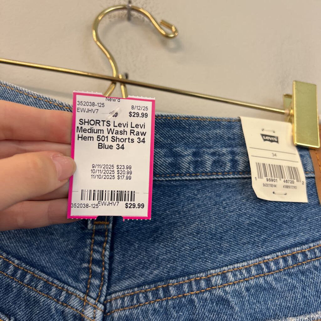 Levi Medium Wash Raw Hem 501 Shorts 34