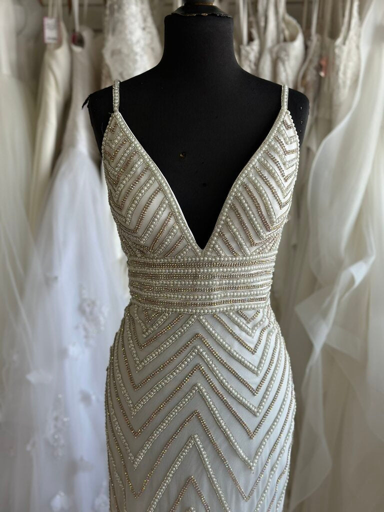 Jovani White/ Gold Embellished V Neck Long Formal Dress 4