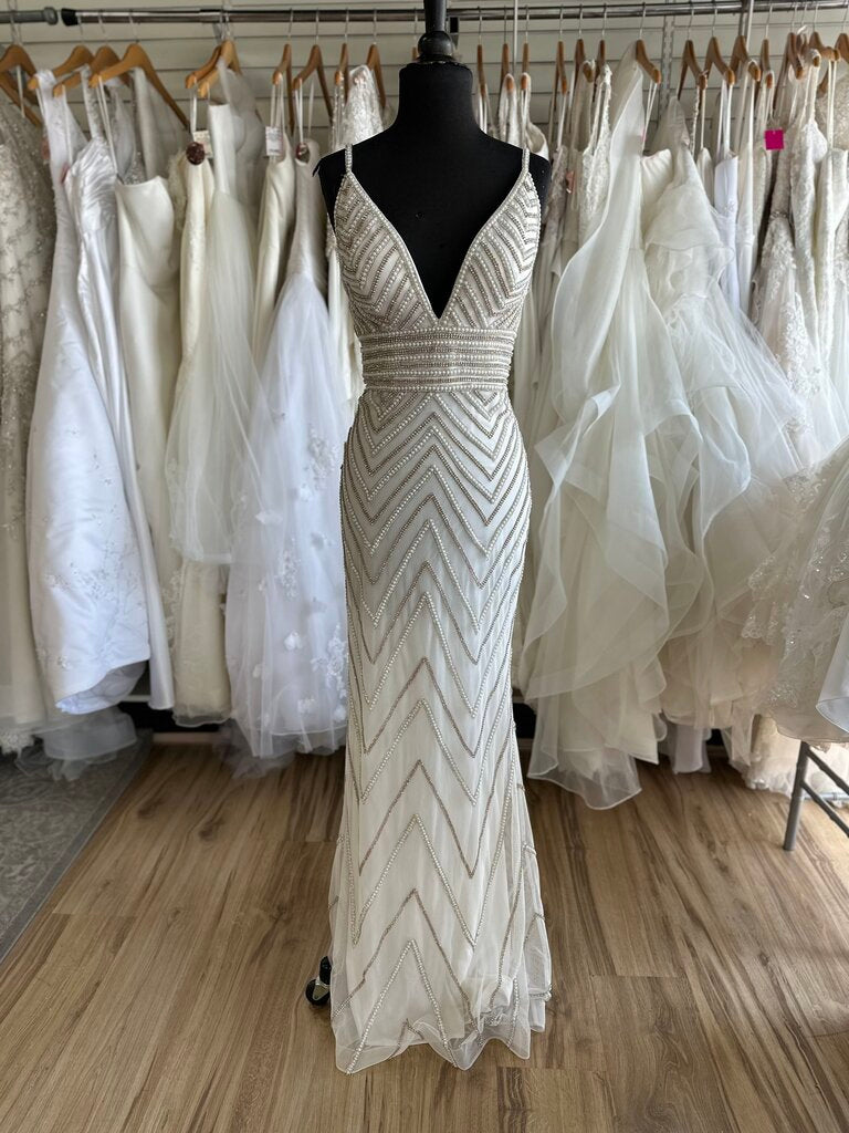 Jovani White/ Gold Embellished V Neck Long Formal Dress 4