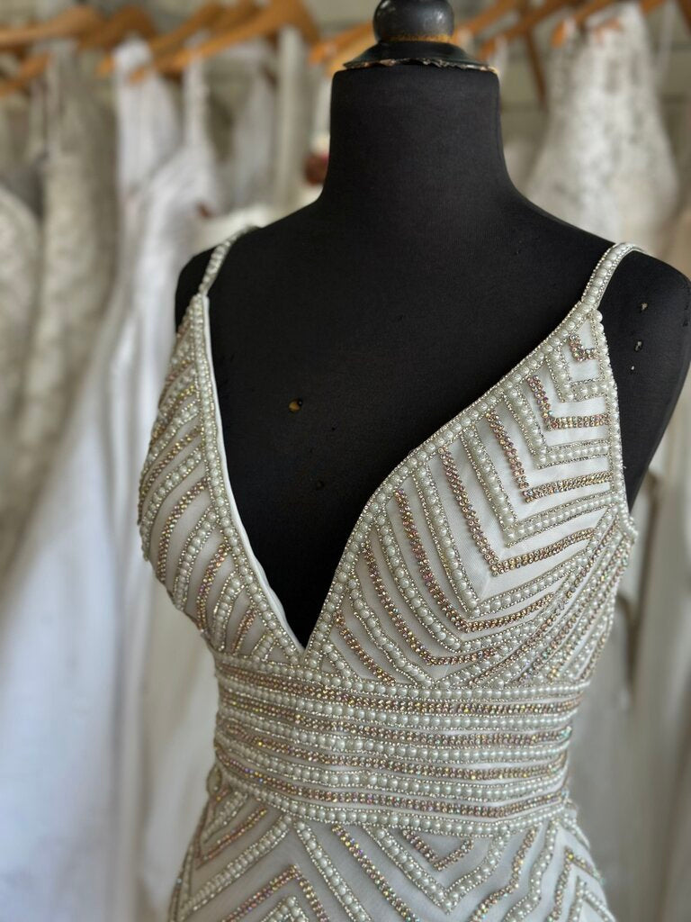Jovani White/ Gold Embellished V Neck Long Formal Dress 4