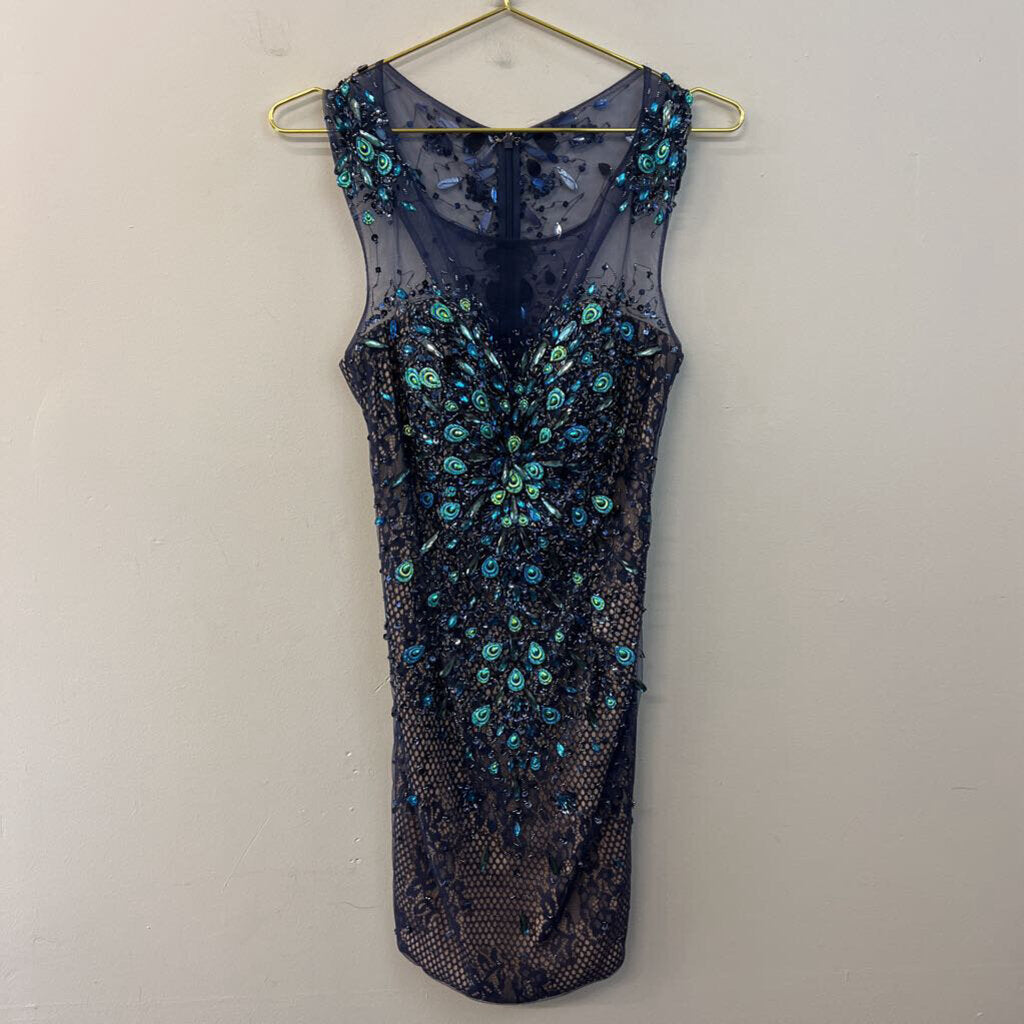 Milano Formals Navy Lace/ Beaded Peacock Short Formal Dress 4