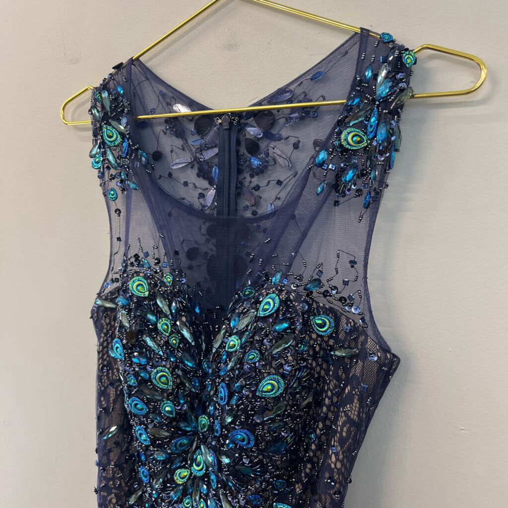 Milano Formals Navy Lace/ Beaded Peacock Short Formal Dress 4