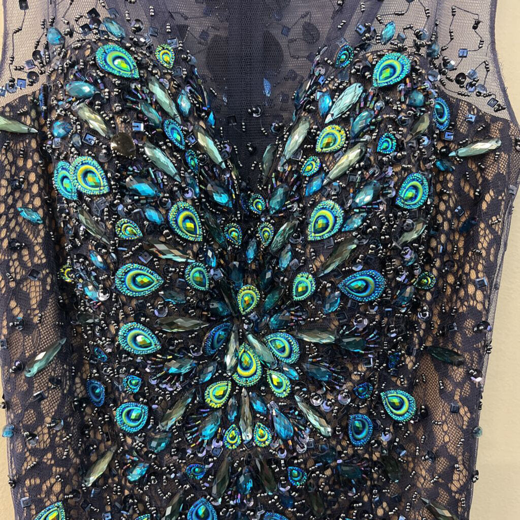 Milano Formals Navy Lace/ Beaded Peacock Short Formal Dress 4