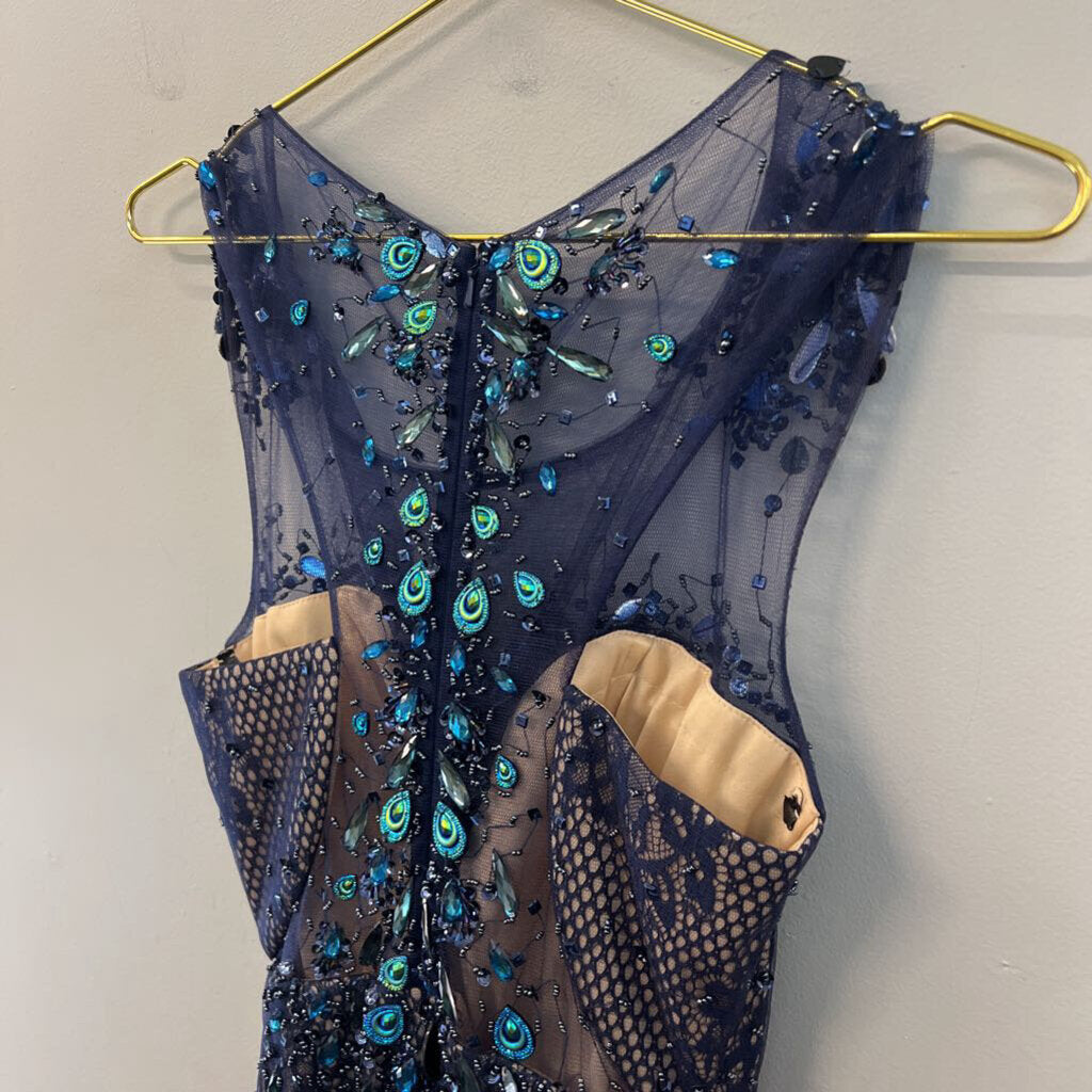 Milano Formals Navy Lace/ Beaded Peacock Short Formal Dress 4