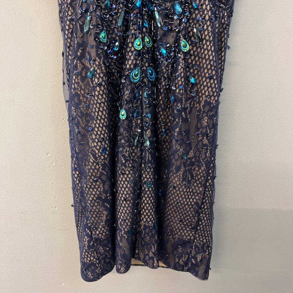 Milano Formals Navy Lace/ Beaded Peacock Short Formal Dress 4