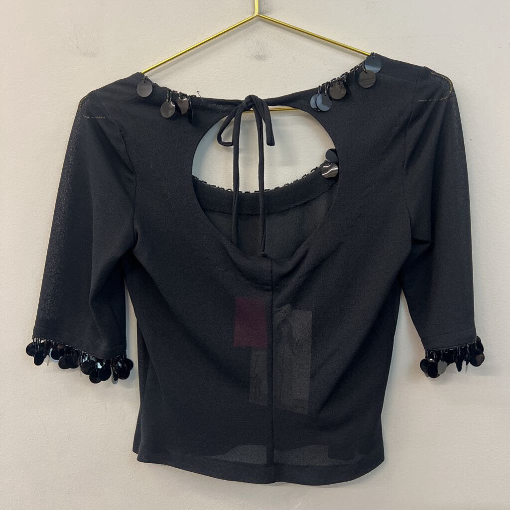 Betsey Johnson Black Cropped Sequin Trim Top Medium
