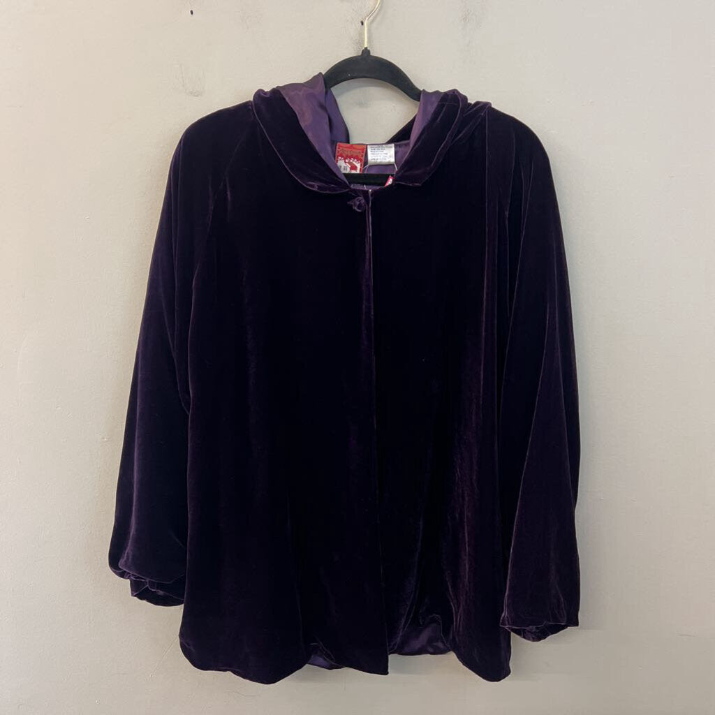 April Cornell Purple Velvet Long Sleeve Open Front Hooded Jacket Top Small