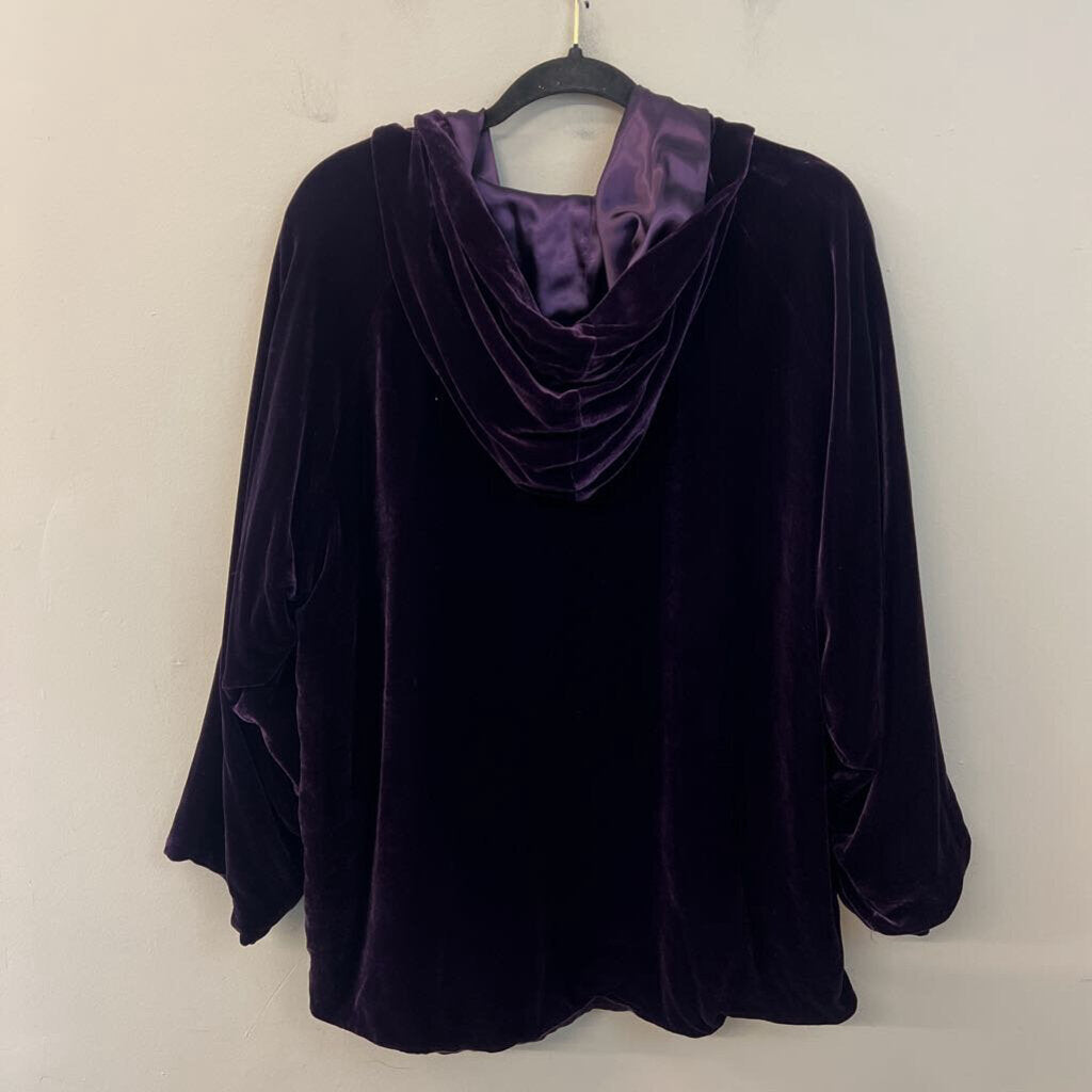 April Cornell Purple Velvet Long Sleeve Open Front Hooded Jacket Top Small