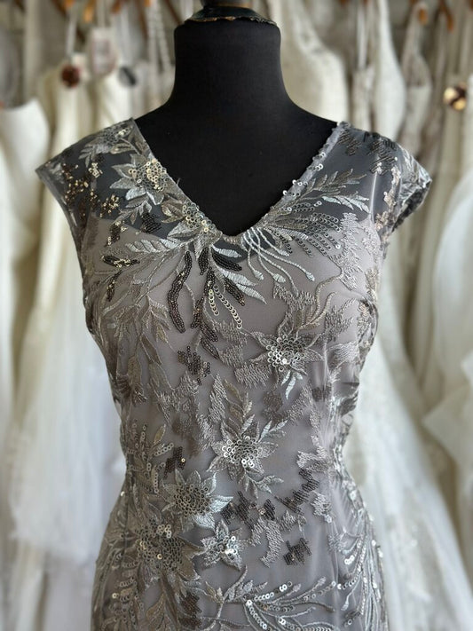 Alex Evenings Grey Sequin Embroidered Short Formal Dress 14 Petite