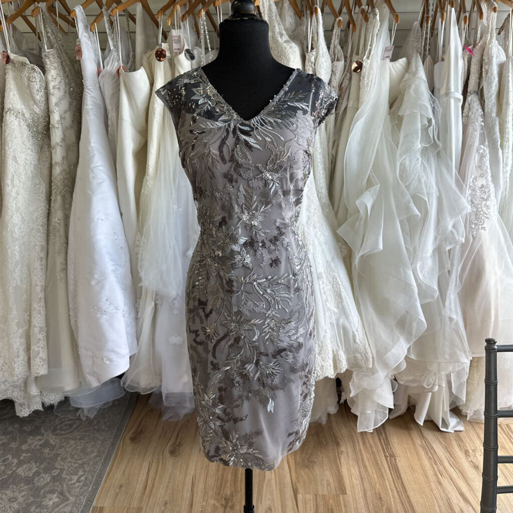 Alex Evenings Grey Sequin Embroidered Short Formal Dress 14 Petite