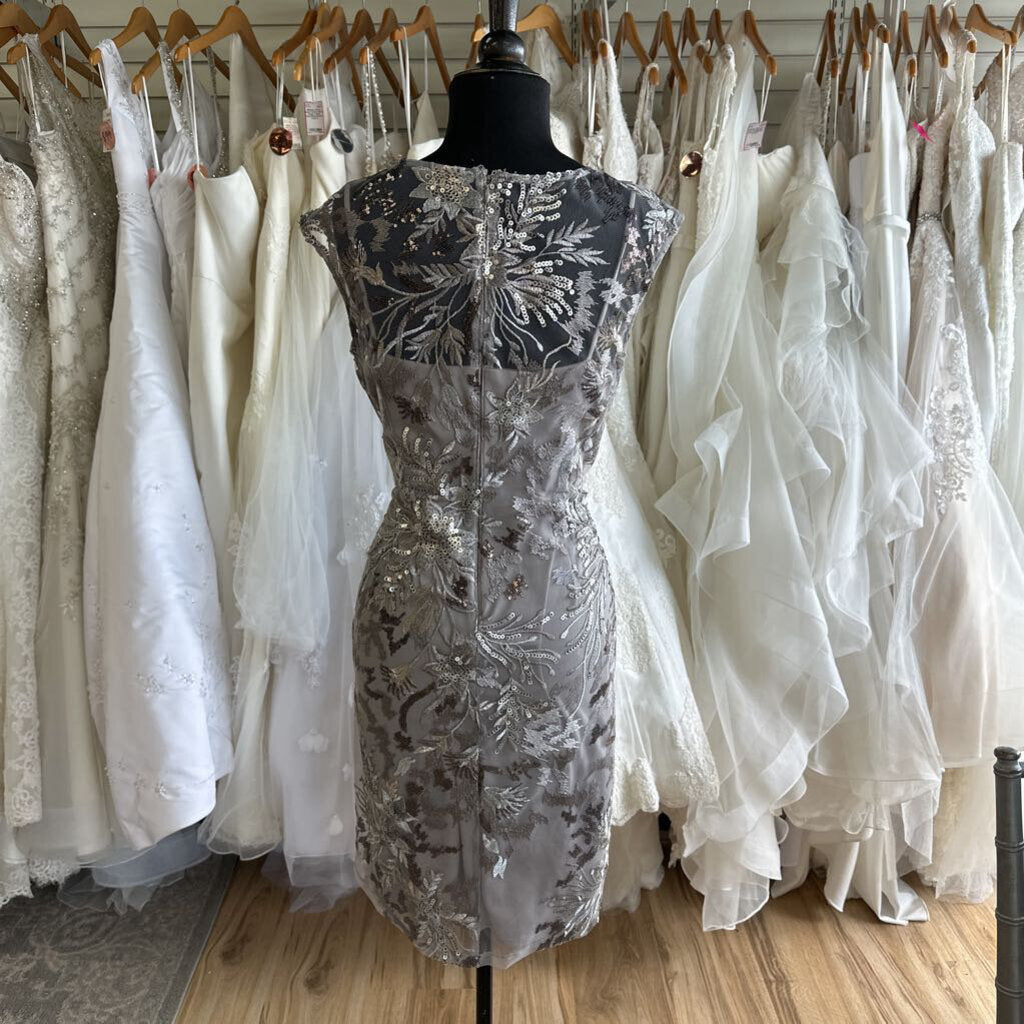 Alex Evenings Grey Sequin Embroidered Short Formal Dress 14 Petite