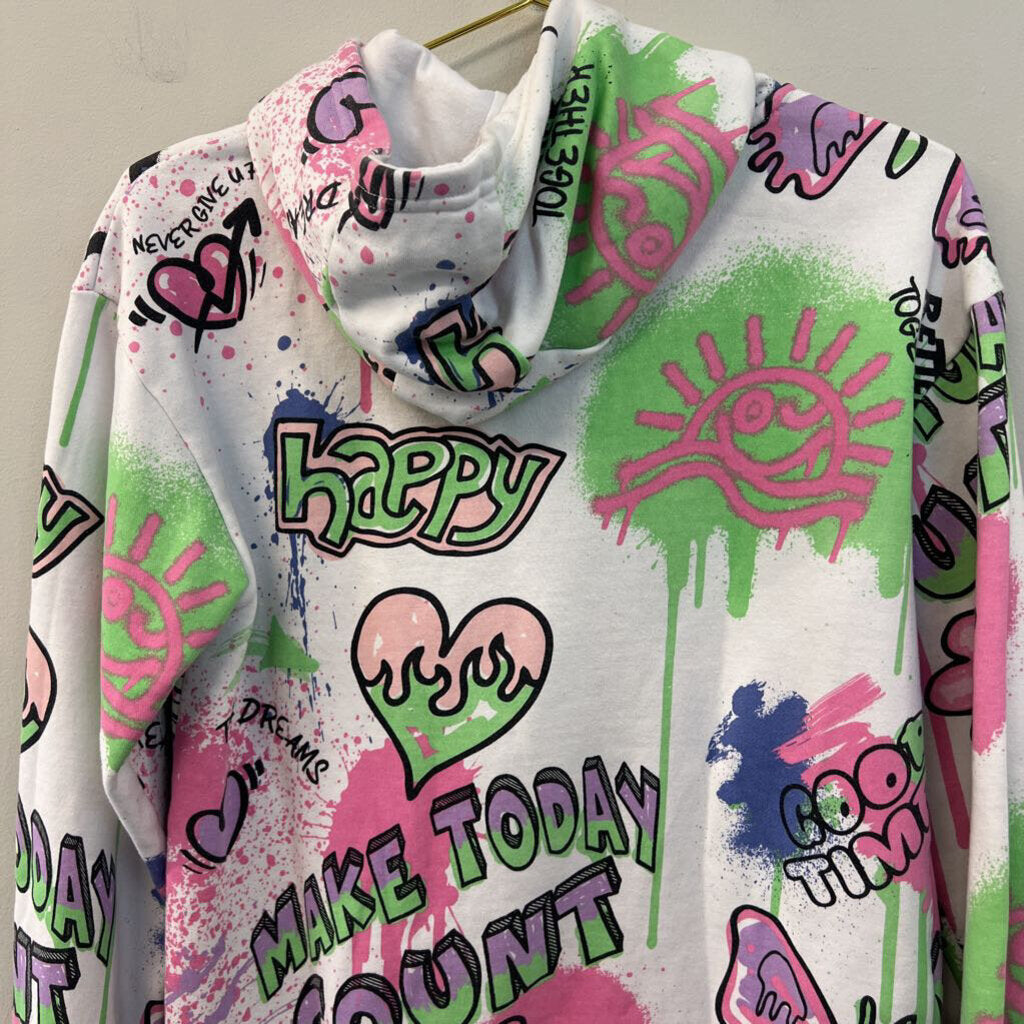 Primark White/ Multi Graffiti Hoodie Extra Small