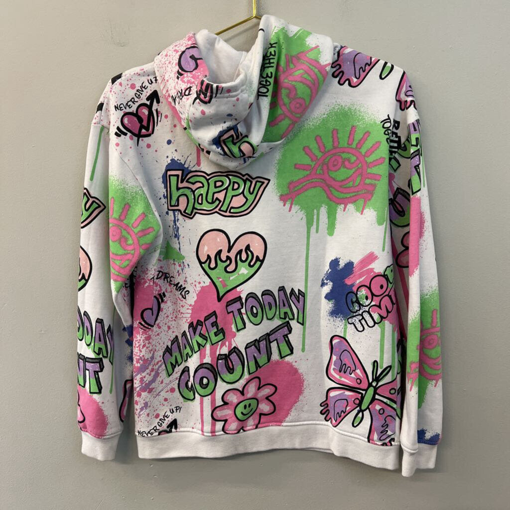 Primark White/ Multi Graffiti Hoodie Extra Small