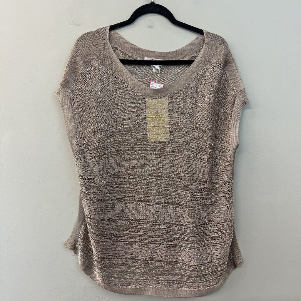 Freeway Beige Open Knit Sequin Short Sleeve Top Medium